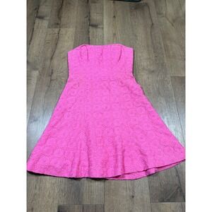 Lilly Pulitzer Pink Floral Eyelet Strapless Fit & Flare Dress Size 8 Hot Pink